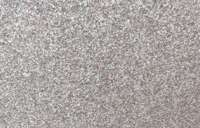 Adhunik Grey granite: an even grey polished surface with fine white and umber flecks, photographed close on a real slab