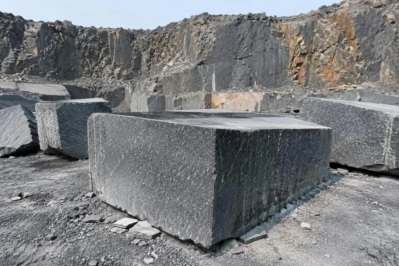 Dark granite blocks in the quarry pit
