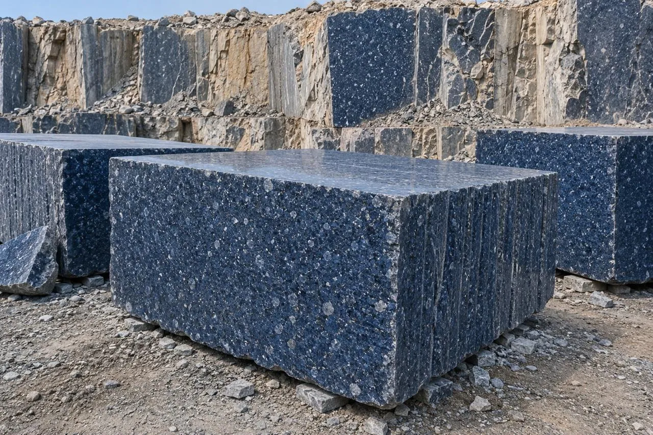 Blue granite blocks stacked at the quarry