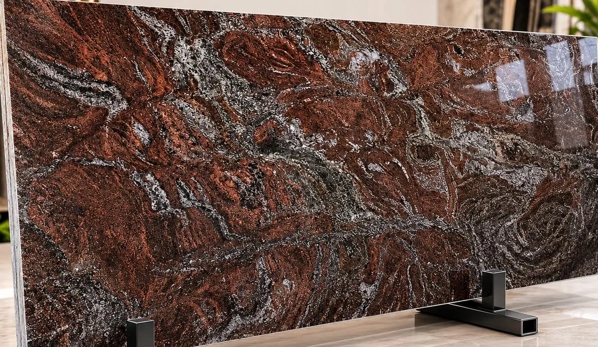 Boss Paradiso granite: swirling oxblood and rust figure threaded with silver-grey mist, polished to a deep gloss