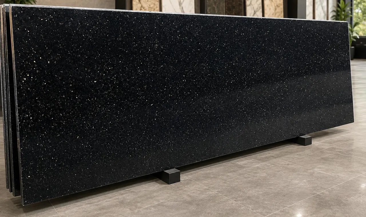 Galaxy Black granite: a deep black polished slab scattered with fine copper-gold flecks, like stars