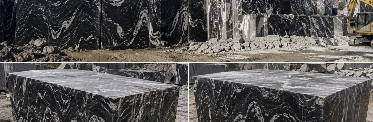 Himalyan Black granite quarry wall and cut blocks