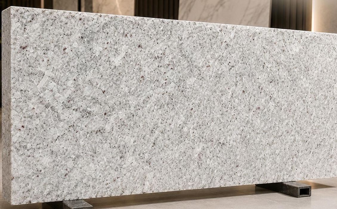 Kashmiri White granite: a frost-white polished surface with fine grey and rose mineral flecks
