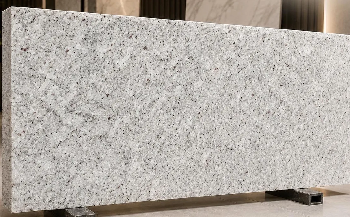 Kashmiri White granite: a frost-white polished surface with fine grey and rose mineral flecks