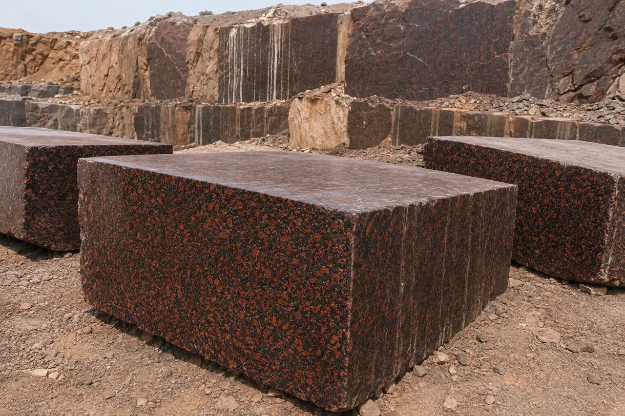 Red granite blocks at the quarry face