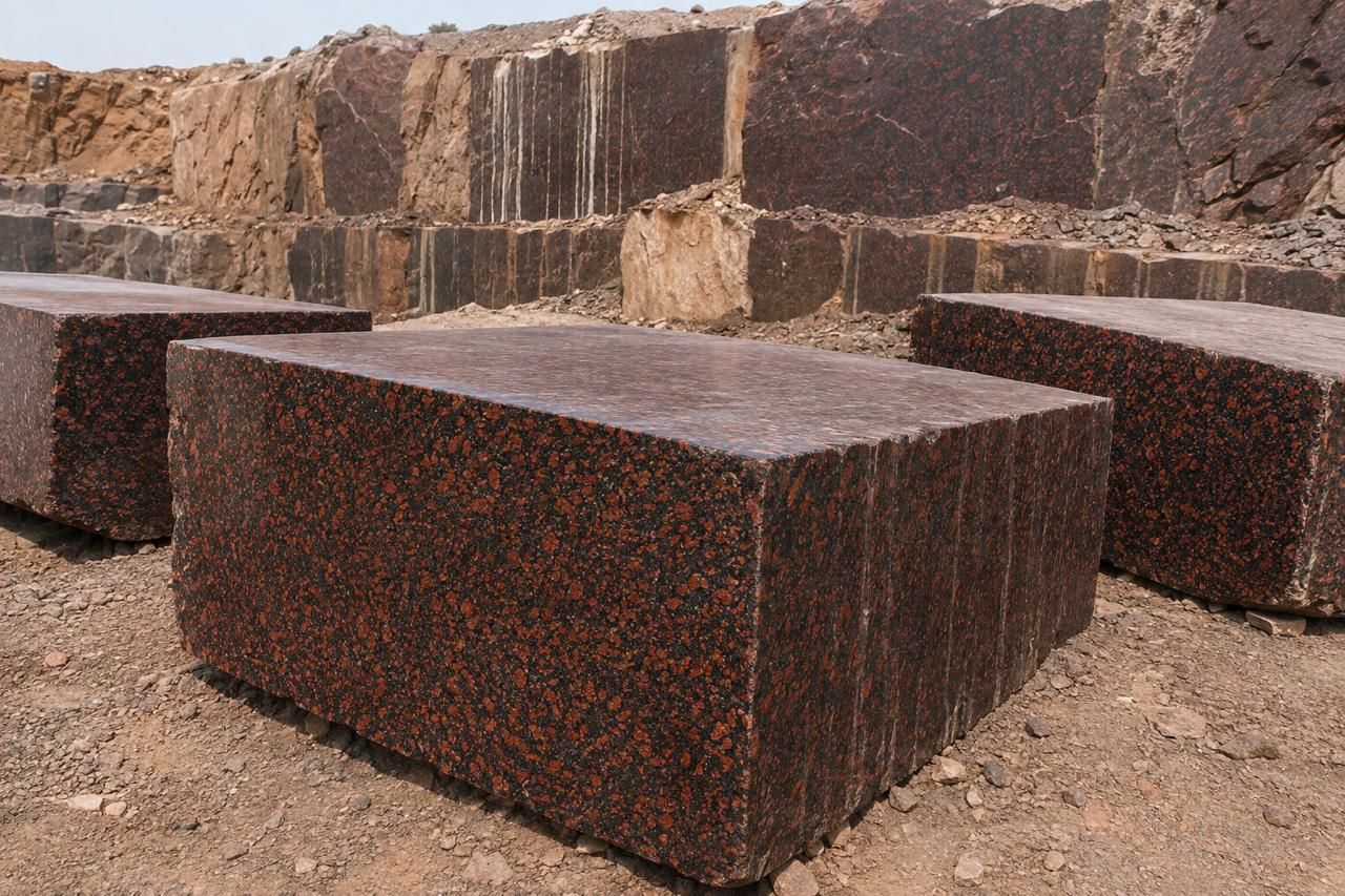 Blocks of red granite at the quarry face, freshly cut, with the stepped quarry wall behind