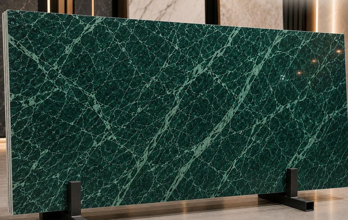 Udaipur Green marble: deep emerald surface crossed by fine pale green and white veins