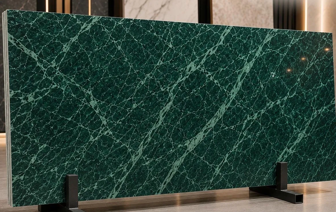 Udaipur Green marble: deep emerald surface crossed by fine pale green and white veins