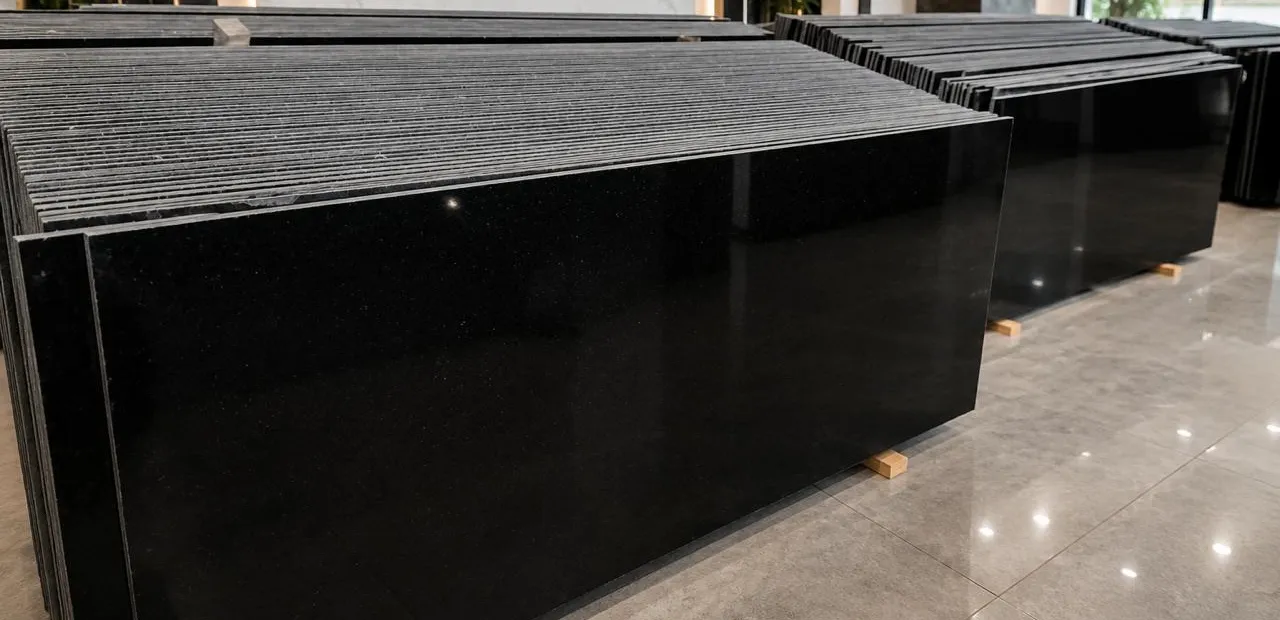 Z Black granite: stacks of polished deep-black slabs with a clean, even sheen, photographed in the showroom